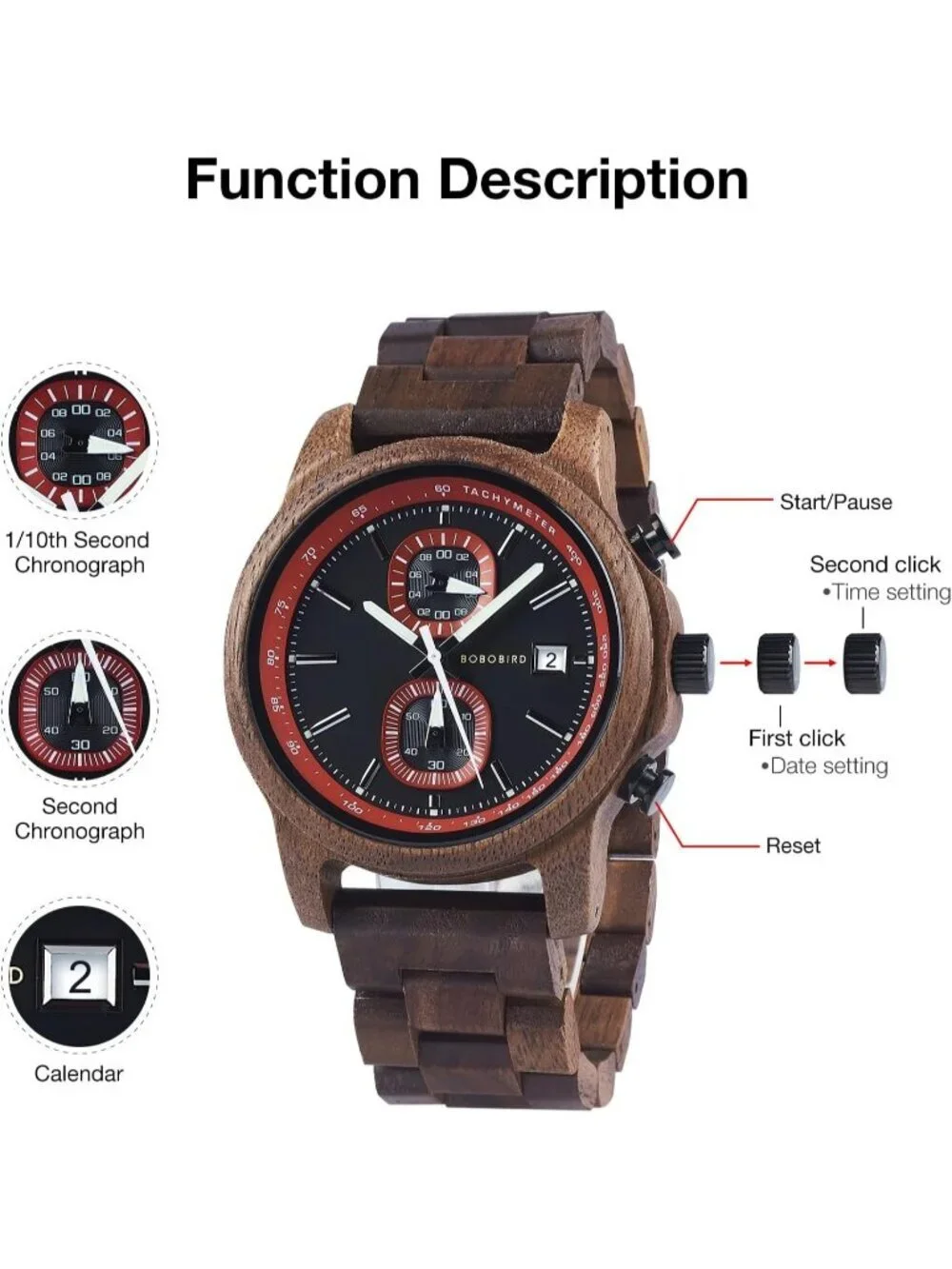 Men's Red Analog Quartz Ultra-Light Luminous Chronograph Casual Wooden Watch